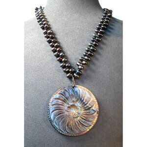 Freshwater Pearl 16" Necklace With Carved Shell 2" Circle Pendant